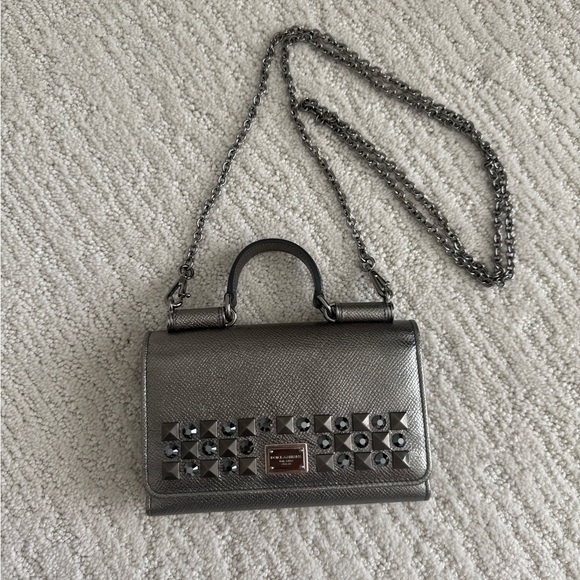Dolce & Gabbana Metallic Grey Leather Miss Sicily Von Studded Wallet on Chain - Picture 1 of 15